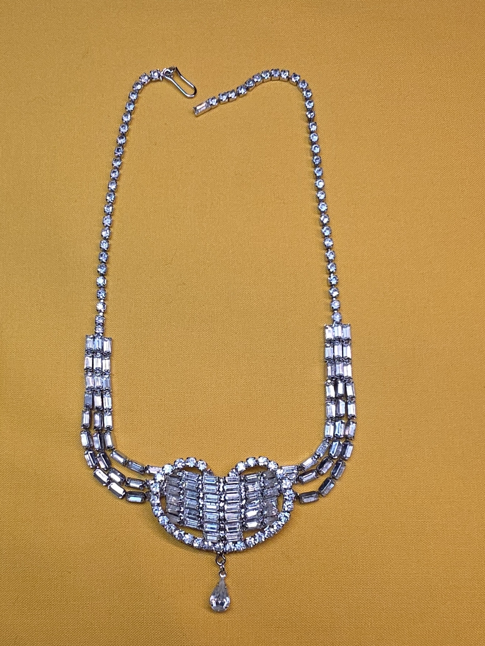 Vintage 1950s Clear Rhinestone Baguette Bib Statement Necklace AS IS